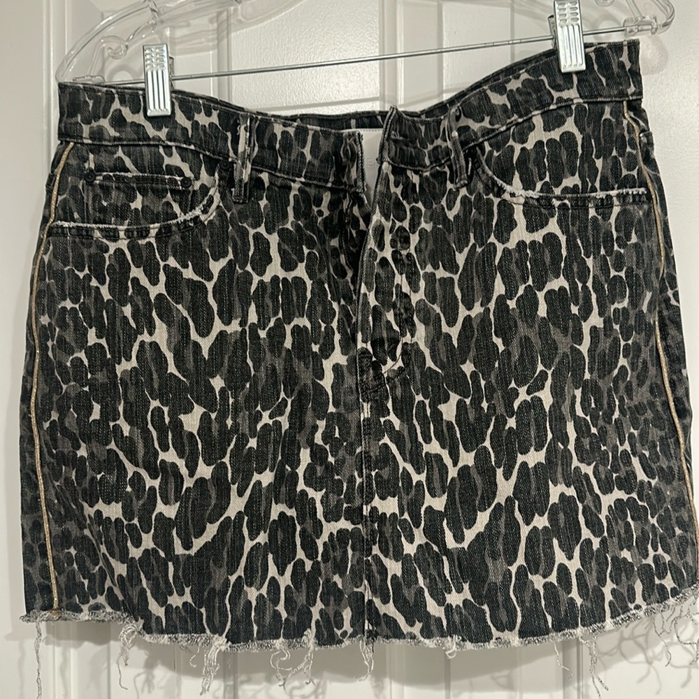 Animal print denim frayed mini skirt with gold lurex strip down the sides